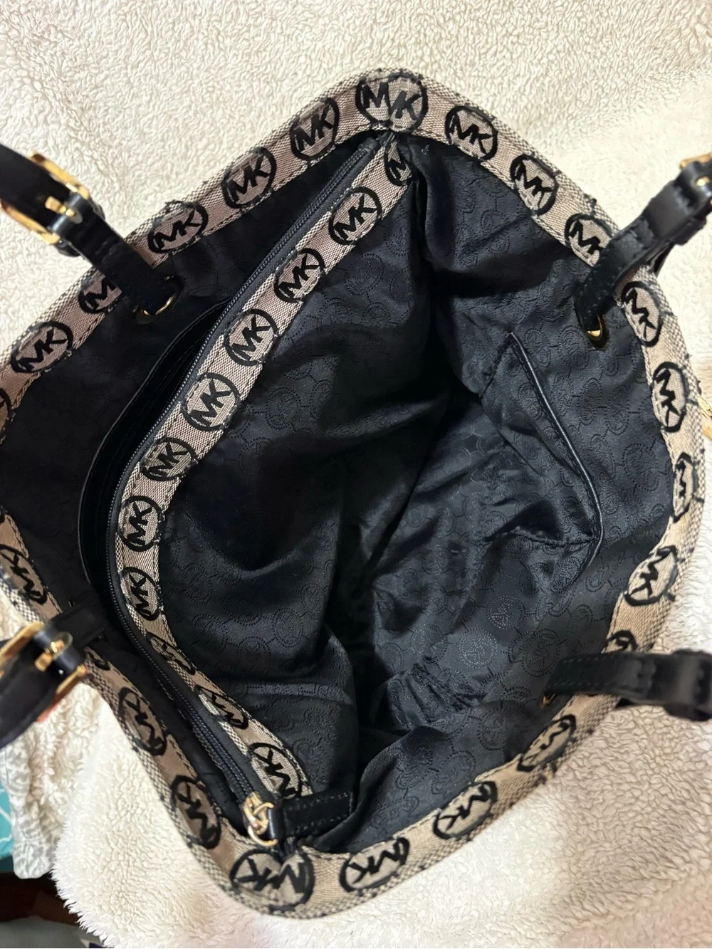 Michael Kors Beige and Black MK Logo Tote with Gold Charm